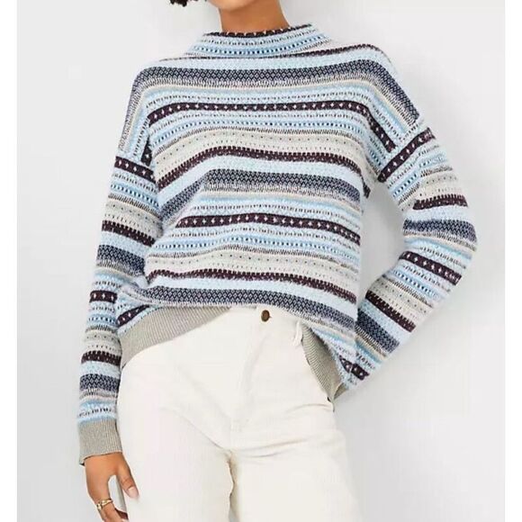 Ann Taylor Mock Neck Sweater Fair Isle Winter Blue Gray Maroon Shimmer Size M - Picture 3 of 11
